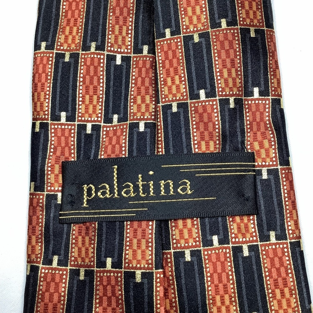 PALATINA Men's Silk Tie Abstract Art Deco Geometric Black Red‎